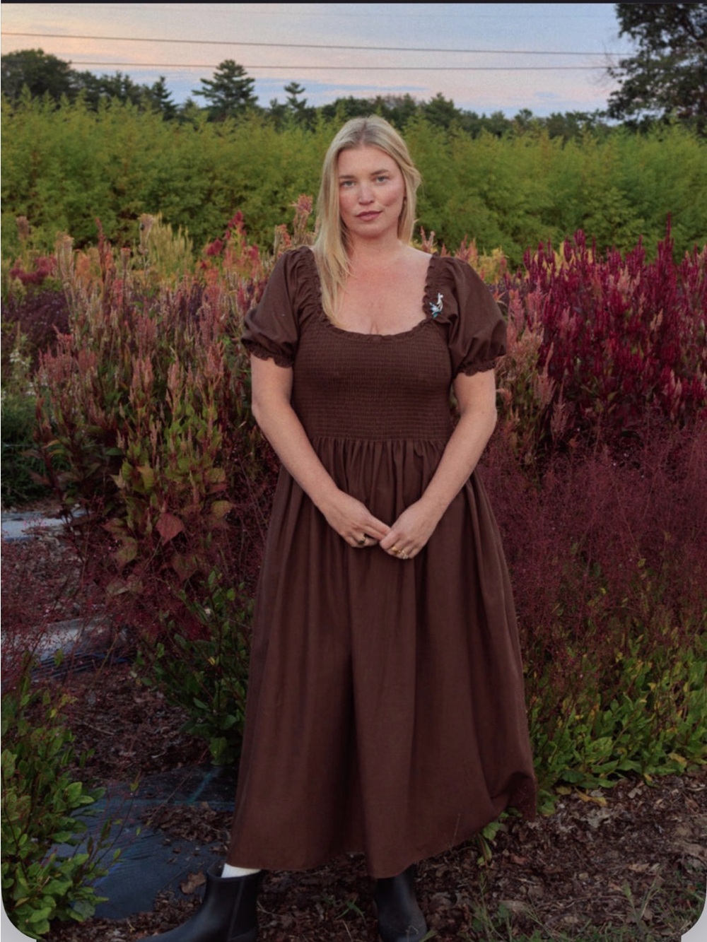 Tradlands Brown Smocked Square-Neck Midi Dress